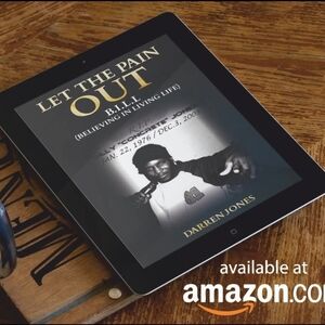Tablet Displaying "Let The Pain Out" Book Cover - https://a.co/d/01zS2LAz